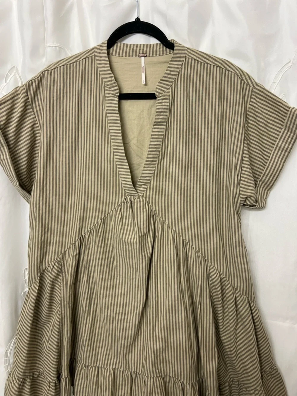 Free People NWOT Stripe Babydoll Mini Dress Tan Gray Linen Blend Oversized Small